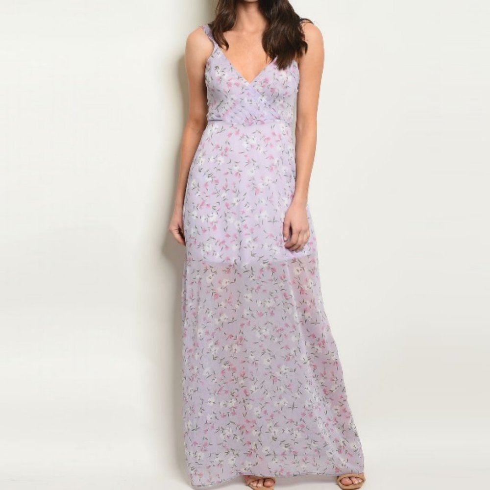 Ruffle Strap V-Neck Floral Printed Maxi Dress